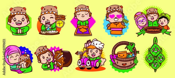 Fototapeta Set VECTOR Cute Character Ramadan and Eid Mubarak Activity Family, Ramadan Eid Mubarak celebrated Illustration, Vector Using for Sticker, website banner