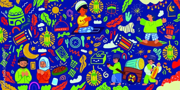 Fototapeta Handrawn Ramadan Activity Praying, celebrated Illustration, Patern Vector 