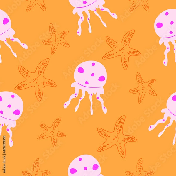 Fototapeta Pattern with jellyfish on an orange background.