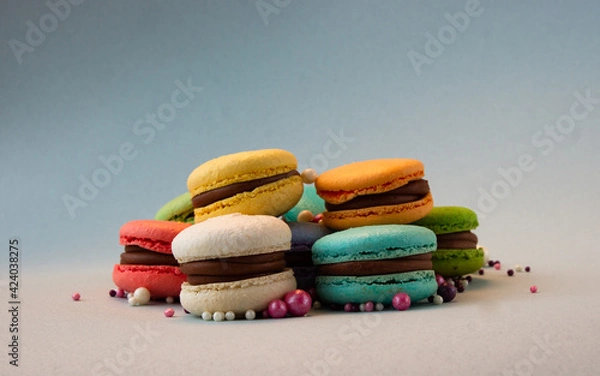 Fototapeta Multicolored macarons with beads on a gray background.