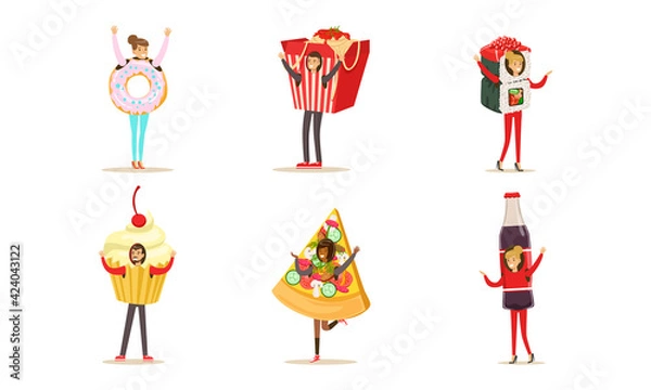 Fototapeta People Wearing Fast Food Costumes Set, Donut, Noodles Takeaway Box, Sushi Roll, Cupcake, Pizza, Soda Drink Cartoon Vector Illustration