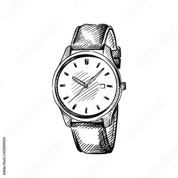 Fototapeta Hand drawn sketch of wrist watches on a white background. Clock. Wall clock. Watches. Alarm. Time.