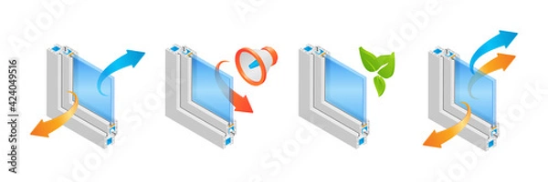 Fototapeta Isometric vector illustration recycling, noise reducing and thermal insulation plastic window frame profile isolated on white background. Cross-section diagram of a double glazed window pane profile.