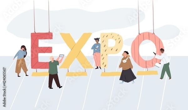 Fototapeta Vector cartoon flat characters at big text lettering 'expo'.Different people watch,exam huge word letters, abstract modern art illustration concept for web banner,site,flyer,invitation,advertising