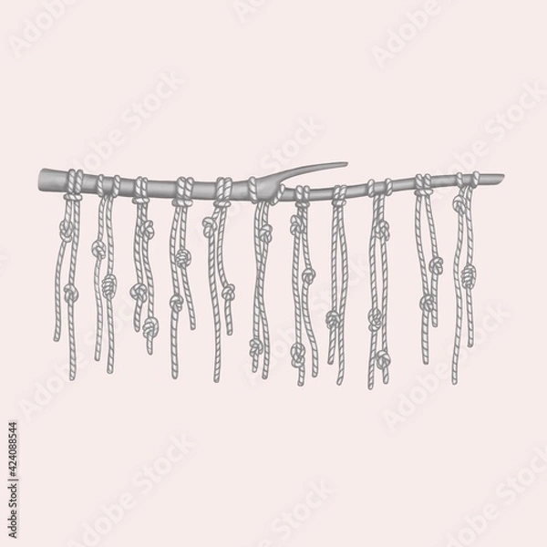 Obraz macrame. stick with ropes and knots. illustration. nodular letter kipu