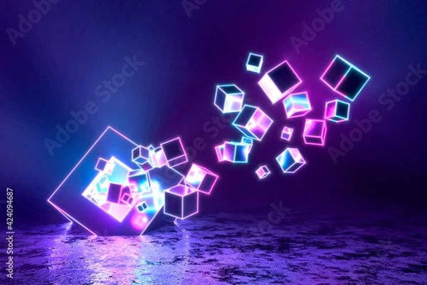 Obraz Abstract modern neon ultraviolet three-dimensional background, a lot of cubes flying in an explosion in motion from a huge cube lying on the shiny floor. 3d illustration