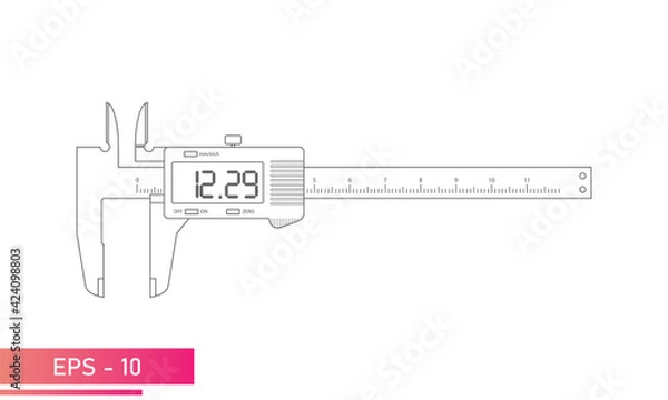 Obraz Digital vernier caliper with display and numeric scale in contour design with lines. Tools for technical specialists. Flat vector illustration.