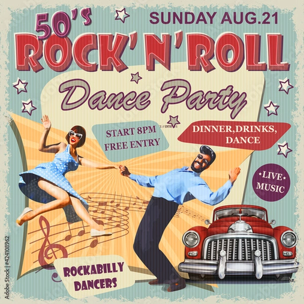 Fototapeta Rock and Roll Dance Party retro poster. 