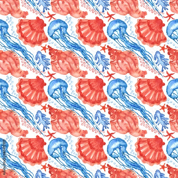 Obraz Watercolored seashells and starfishes seamless pattern. Illustration of shells and sea stars for  for creating fabrics, textile, decoupage, wallpapers, print, gift wrapping paper, invitations.