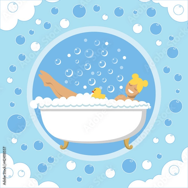 Fototapeta Cheerful girl in a bathroom with foam and bubbles. Vector image.