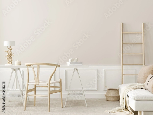 Fototapeta Wall mockup in office interior background, boho style, 3d render