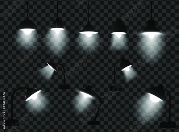 Fototapeta Realistic lighting lamps on transparent background. Illustration with glow light effect.Set of desk lamps vector illustration.