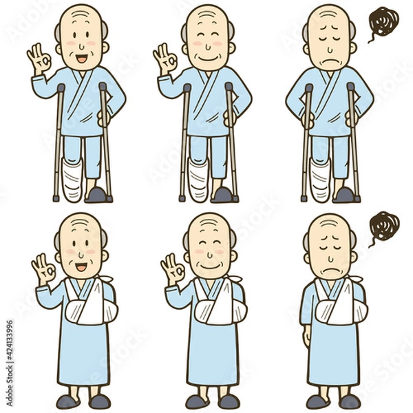 Fototapeta 骨折で入院しているシニア男性のイラストセット