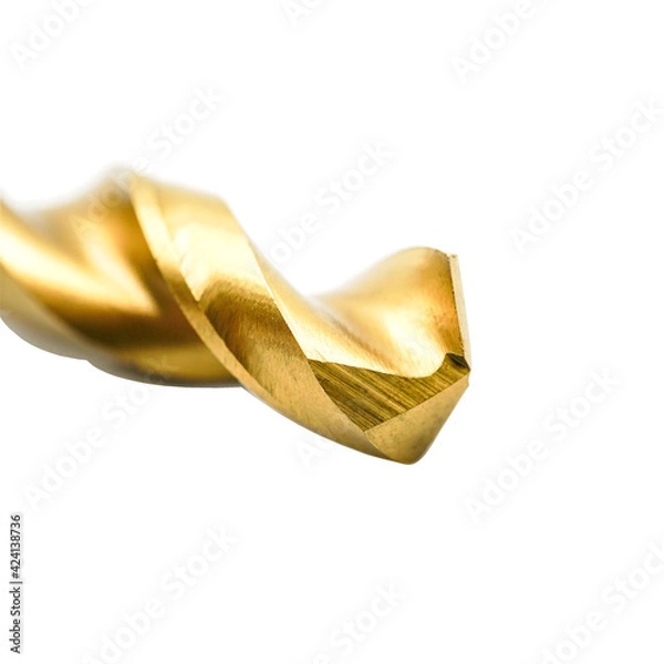 Fototapeta Golden head of twist drill on white background - close up shot with clipping path