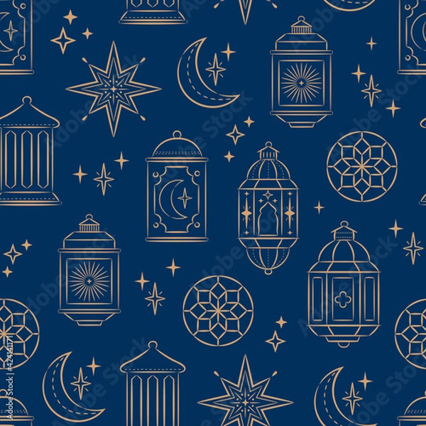 Obraz Decorative arab lanterns and stars . Beautiful festive seamless pattern. Greeting card, invitation for muslim holiday Ramadan Kareem, Eid-ul-Fitr. Vector illustration background. 