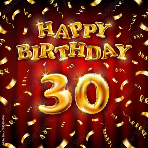 Fototapeta Golden number thirtieth metallic balloon. Happy Birthday message made of golden inflatable balloon. thirty letters on red background. fly gold ribbons with confetti. vector illustration