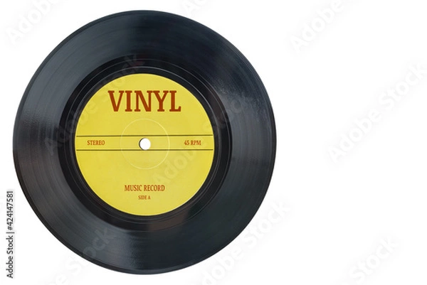 Fototapeta Closeup view of realistic gramophone vinyl record or phonograph record with yellow label. Black musical single play disc 7 inch 45 rpm spiral groove. Stereo sound record. Isolated on white background.