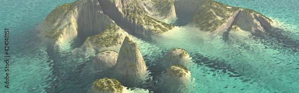 Fototapeta A bird view of tropical island with turquoise waters. 3d illustration