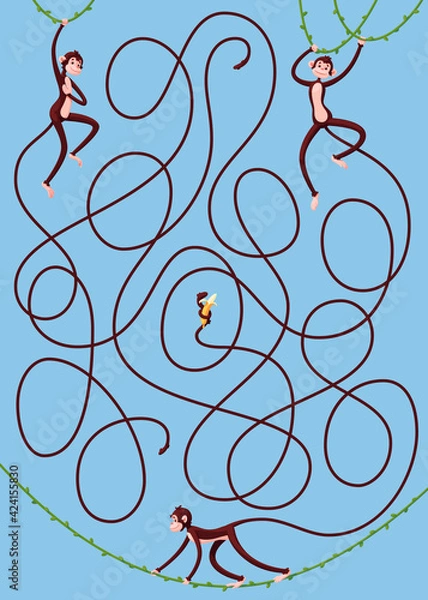Obraz Three monkeys are hanging on vines. Guess which monkey is holding a banana with its tail? Children's rebus with a labyrinth in the form of a cartoon picture