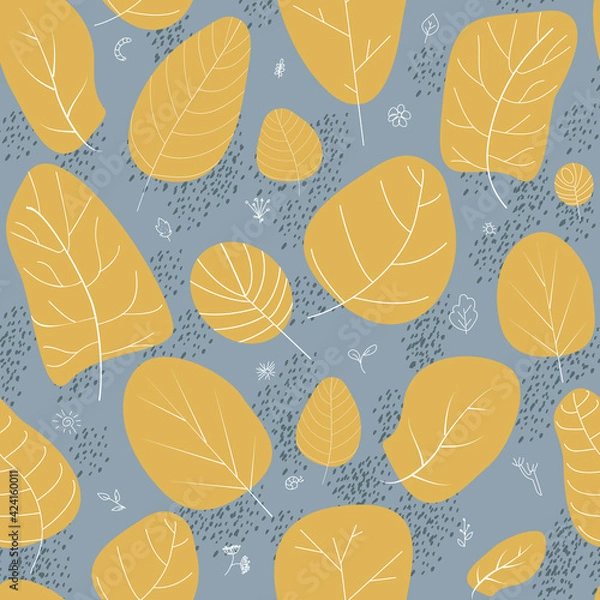 Fototapeta Seamless pattern flat yellow leavs grey background