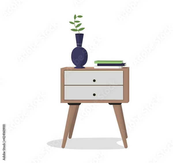 Fototapeta A nightstand with drawers ,a stack of books, and a vase with a plant .Wooden objects. An interior item. Design element, layout, illustration, print. Vector illustration.
