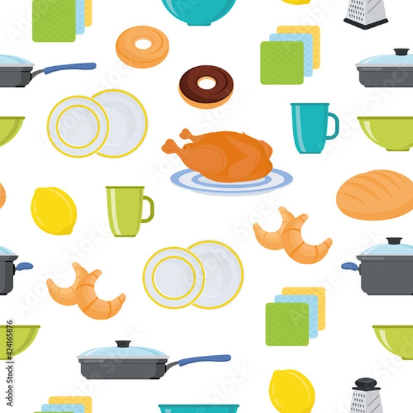 Fototapeta Seamless pattern. Dishes and cutlery. Food and drinks. Kitchen utensils. Textiles. Seamless background. Vector illustration