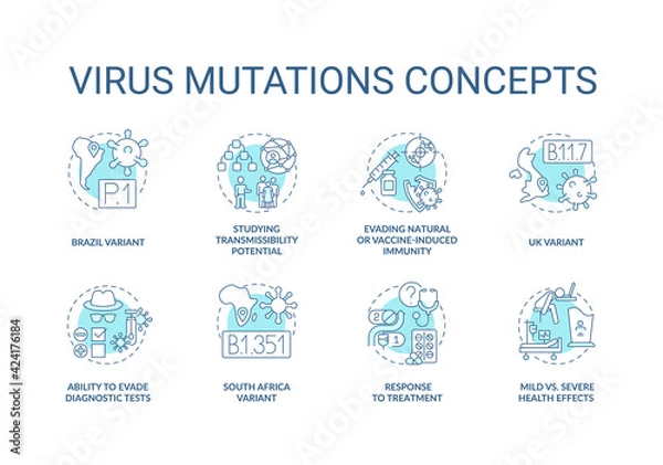 Fototapeta Virus mutations concept icons set. Dealing with new types of covid disease. Fighting with world pandemia idea thin line RGB color illustrations. Vector isolated outline drawings. Editable stroke