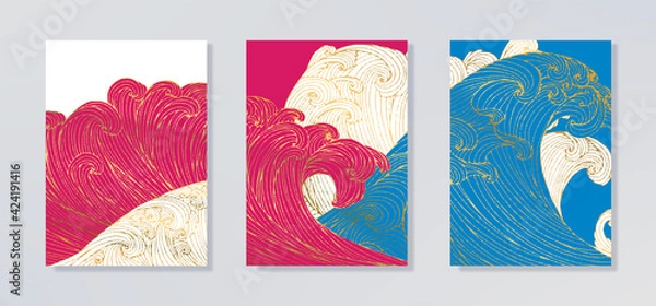 Fototapeta Line art design of waves, mountain, modern hand-drawn vector background, gold ink pattern. Minimalist Asian style.