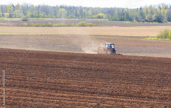 Obraz tractor plows the field on a sunny spring day