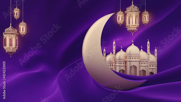 Fototapeta Background for Ramadan Kareem Islamic celebration day or eid al fitr adha, red, gold, - 3D rendering