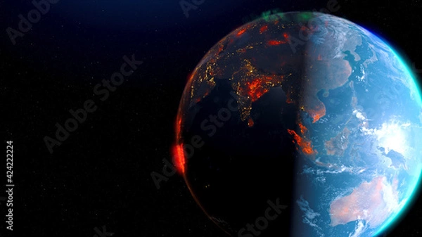 Fototapeta Earth wildfire view from space rotation night skyline. Greenhouse gas effect. Realistic 3d rendering animation.