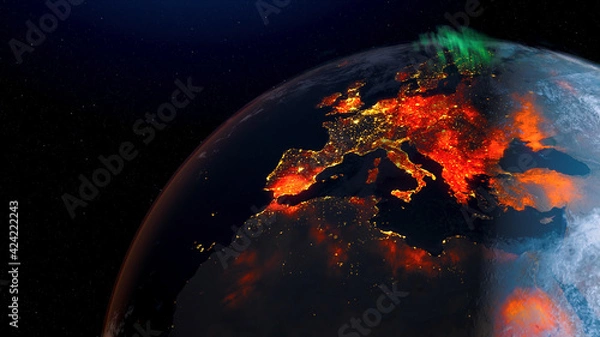 Fototapeta Earth wildfire view from space night skyline. Greenhouse gas effect. Realistic 3d rendering animation.