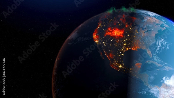 Fototapeta Earth wildfire view from space night skyline. Greenhouse gas effect. Realistic 3d rendering animation.