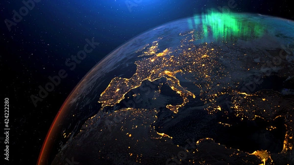 Fototapeta Earth from space night skyline. Realistic 3d rendering animation.