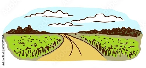 Fototapeta Simple hand-drawn color vector drawing. Rural panoramic landscape, road, field, clouds in the sky, trees on the horizon. For labels, packaging. Village, nature.