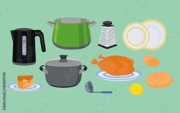 Obraz Food and drinks. Tableware. Kitchen utensils. Vector illustration