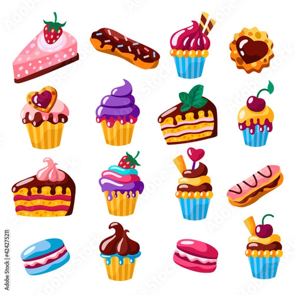Fototapeta Set of cakes, cupcakes, eclairs, cookies vector flat illustration.