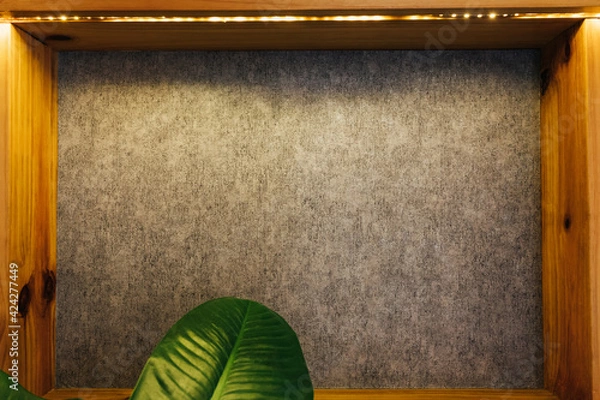Obraz Empty Wooden Bookshelf With Gray Backdrop, Wall. Backlight