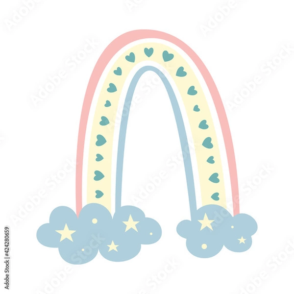 Fototapeta Cute childrens rainbow in minimalistic boho style with stars. Suitable for cards, posters, ornaments of the childrens room. Vector illustration