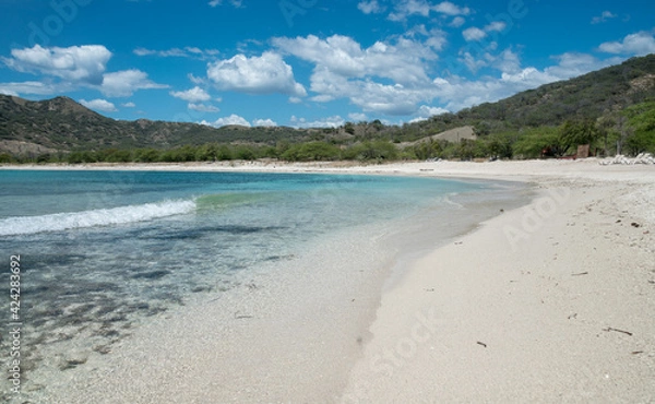 Fototapeta dramatic image of caribbean coast in Palmar De Ocoa, Dominican Republic, with white beaches and sand, and aqua blue waters.