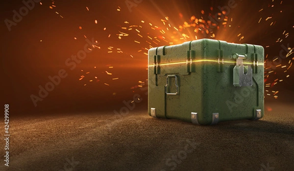 Fototapeta army box with loot boxes and glow inside. text box. 3d rendering