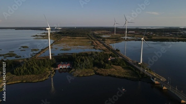 Obraz Aerial view of windmills in Pori, Finland. Wind turbines. Wind electric power