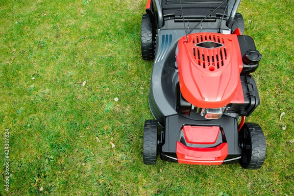 Fototapeta Lawn mower on the lawn, view from above. Lawn care in spring. New lawn mower. Copy space 