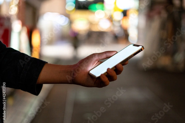 Fototapeta 道の上でスマートフォンを開く人