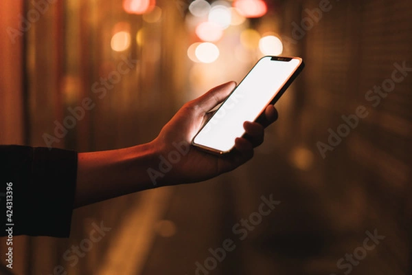 Obraz 道の上でスマートフォンを開く人