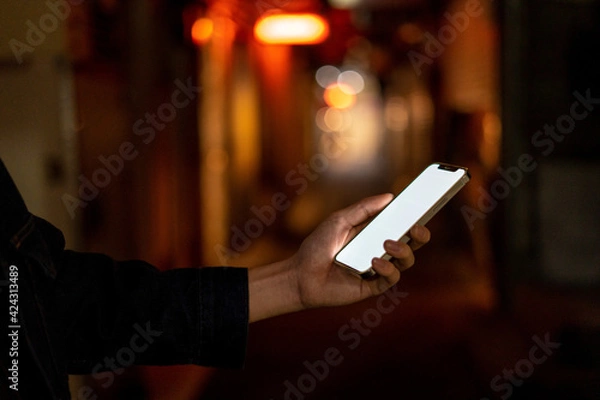 Fototapeta 道の上でスマートフォンを開く人