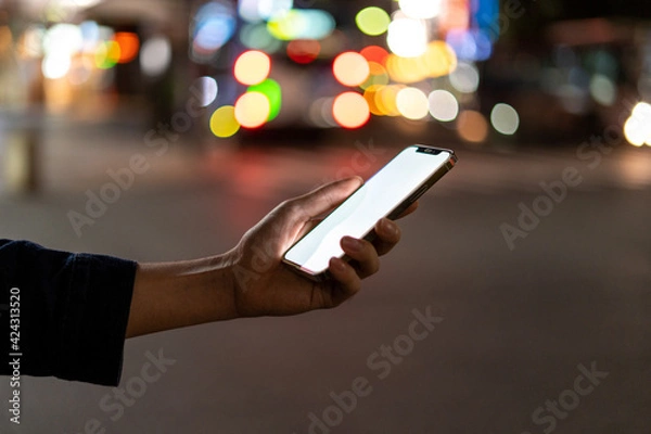 Fototapeta 道の上でスマートフォンを開く人