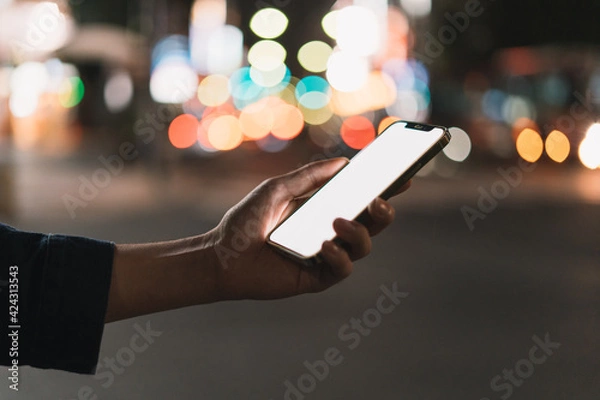 Fototapeta 道の上でスマートフォンを開く人