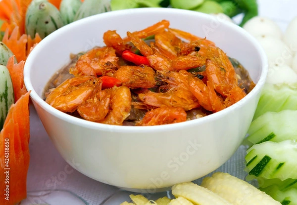 Fototapeta Chilli paste top of shrimp and mix vegetables.