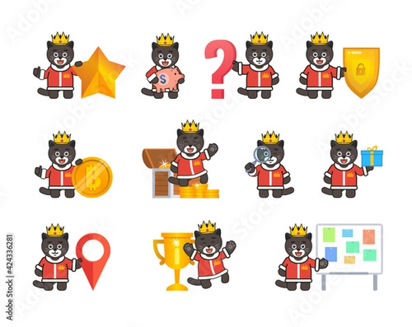 Fototapeta Black cat, panther king characters set in various situations. Modern vector illustration